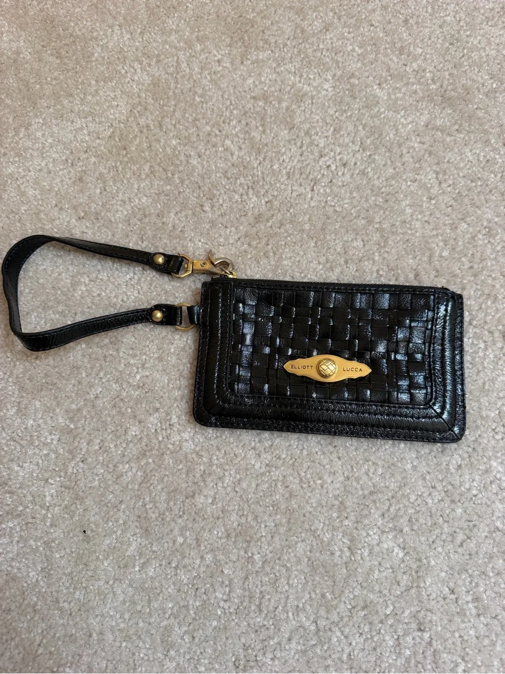 Elliott Lucca Black Woven Leather Wristlet with Gold Plate